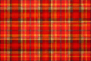 Bright red tartan pattern featuring black and yellow stripes, creating a classic, cozy design suitable for textiles, fashion, or festive decor.