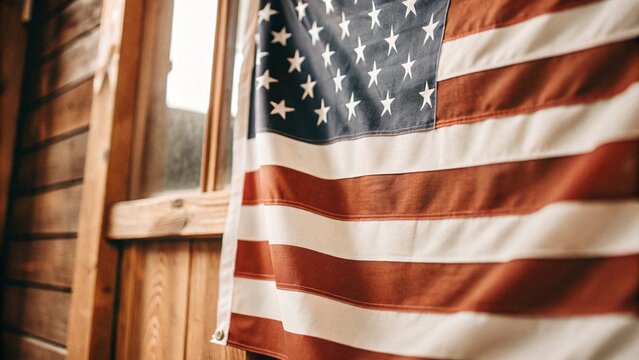 American flag on rustic wooden background, patriotic events design.