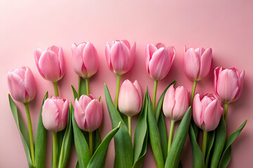 Fototapeta premium Fresh pink tulips arranged neatly against a soft pink background, creating a vibrant and elegant floral display.