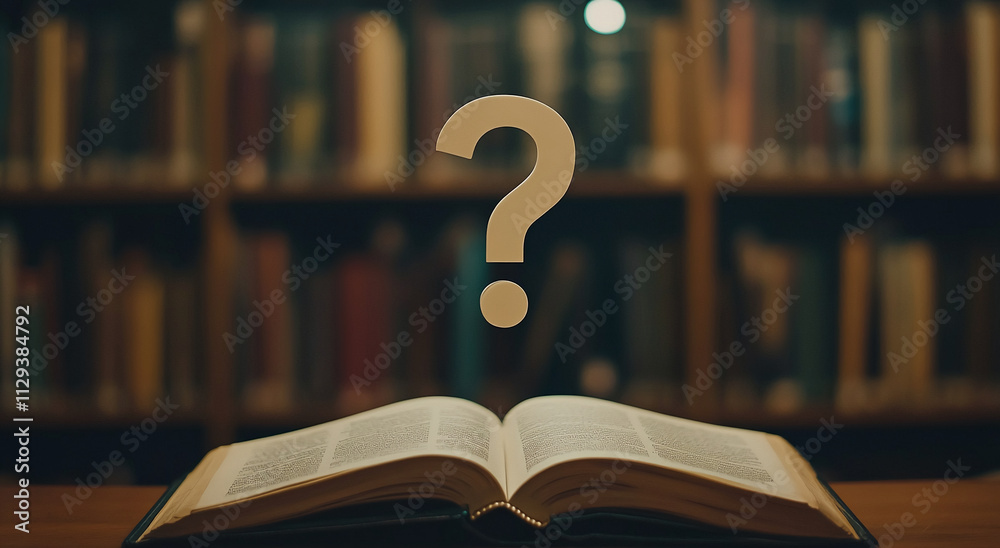 Poster Open book with a question mark overlay in a library filled with shelves of books suggesting curiosity and knowledge-seeking