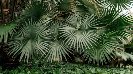 Obraz premium Lush green backdrop dominated by intricate palm leaf patterns, with long, slender, fan-shaped leaves radiating in various green shades, showcasing light and shadow play, evoking tropical rainforest 