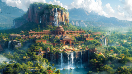 Fototapeta premium Majestic Ancient City with Waterfalls and Mountains 