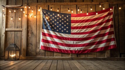 American flag on rustic wooden background, patriotic events design.