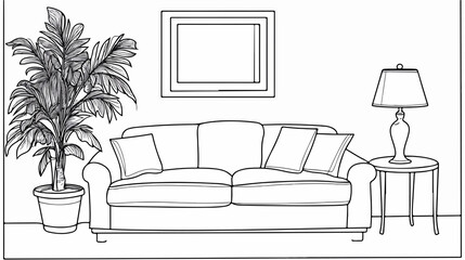 Minimalistic Furniture Design with Plant Continuous Line Art Vector Illustration