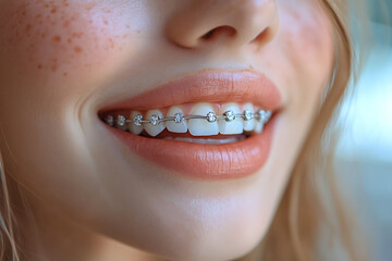 Obraz premium A close-up of a smiling woman confidently displaying braces on her teeth, with clean and bright lighting that highlights her dental health and symbolizes confidence.