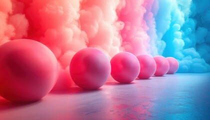A series of pink spheres are arranged in a row