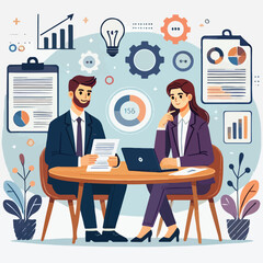 Partners meeting for business discussion with documents and laptop on desk. Couple at round table, speaking, discussing work, partnership. Flat vector on a white background