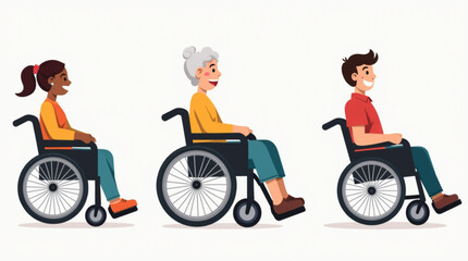 A collection of smiling young people with disabilities in wheelchairs shows diversity, with men and women of different ages and ethnic backgrounds. It is presented as a set of flat vector illustration