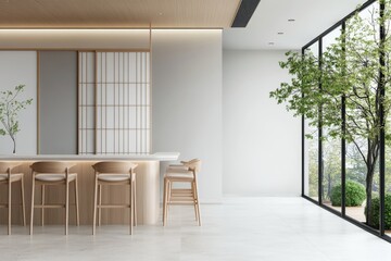 Modern interior design of a cafe with large windows overlooking greenery in a tranquil setting