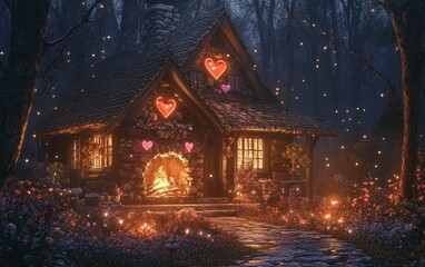 Fototapeta premium A cozy cabin in the woods with a glowing fireplace and heart-shaped decorations for valentines day