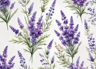 Obraz premium Watercolor bouquet of lavender, lilac, and violet flowers on plain white background, delicate, elegant, purple flowers, botanical