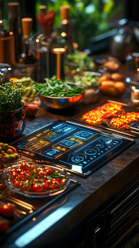 Smart kitchen counter with fresh ingredients and digital interface.