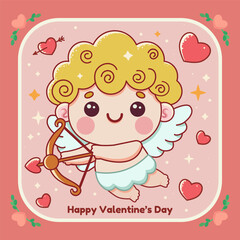 Happy Valentine's Day. Greeting card with cute kawaii cartoon cupid holding bow and heart shaping arrow. Vector illustration on pink background with hearts. 