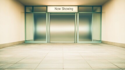 sleek glass entry door to modern cinema with softly glowing now showing sign