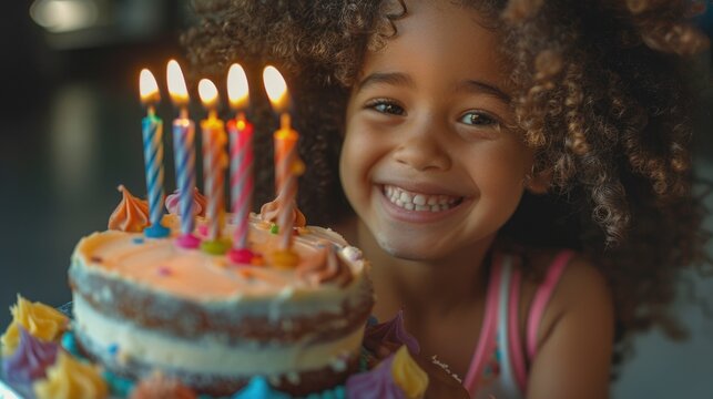 A young girl holds a birthday cake with lit candles, ready to celebrate a special day