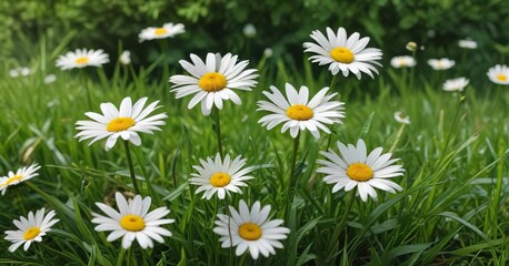 Watercolor daisies with green grass background, colorful, closeup © Latsamee