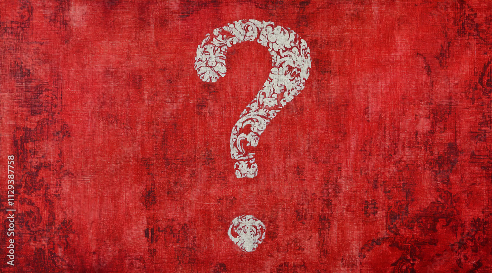 Poster Decorative red background featuring a large white question mark in an elaborate design