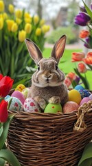 Cute bunny sitting in a basket surrounded by colorful Easter eggs in a garden full of flowers