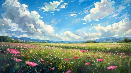 A painting of a field with pink flowers and a blue sky with white clouds.