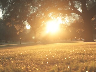 Golden Sunset Illuminates Park Grass Trees and Cityscape