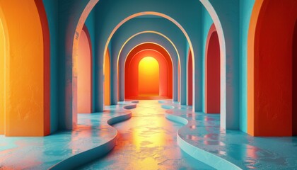 A long, narrow hallway with a blue and orange archway