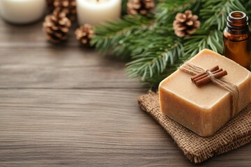 Handmade natural soap with festive decorations on a rustic wooden table
