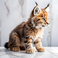 Obraz premium A cute faux fur lynx toy sits on a white marble table