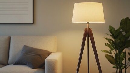Warm lit tripod floor lamp in living room.