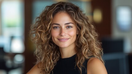 Smiling young woman with curly hair in a modern office setting during daylight
