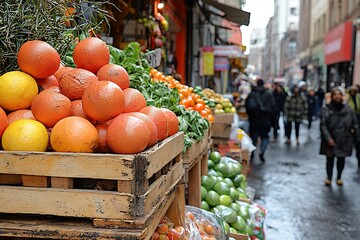 Obraz premium Crowded street in Johannesburg with markets selling fresh produce and handcrafted items People rush by while vendors call out trying to catch the attention of passersby