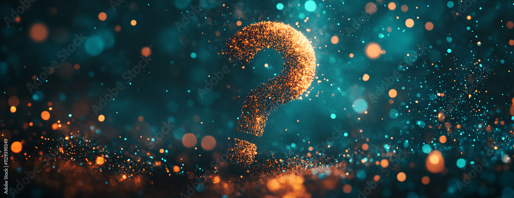 Poster mysterious glowing question mark surrounded by vibrant multicolored particles at night