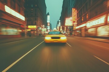 sleek yellow taxi driving along well-lit urban street surrounded by glowing signs and storefronts