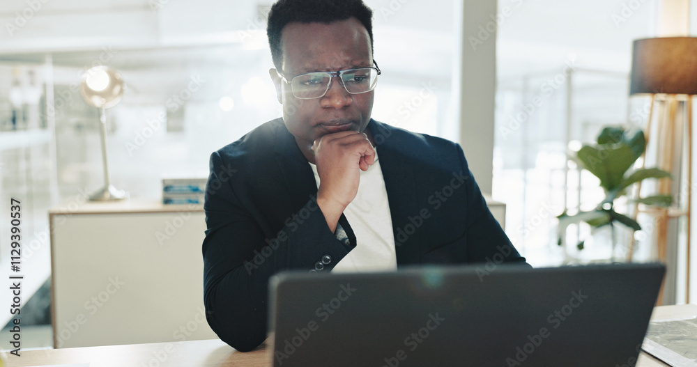 Poster laptop, thinking and businessman in office with reading, planning and ideas for online solution. jou