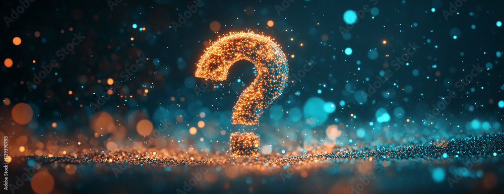 Poster Creative spark with glowing question mark in a shimmering environment at night