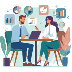 Partners meeting for business discussion with documents and laptop on desk. Couple at round table, speaking, discussing work, partnership. Flat vector on a white background