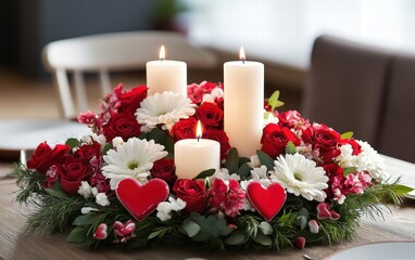 Obraz premium A decorative table centerpiece with candles fresh flowers and heart-shaped accents for valentines day