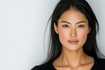 Fototapeta premium Portrait of a young woman with long dark hair and natural makeup in a soft light setting
