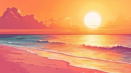 Fototapeta premium A vibrant sunset over a calm beach with gentle waves, casting warm hues across the sky and reflecting on the water.