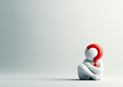 Thinking figure with a question mark sits in a contemplative pose against a minimalist background