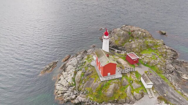 Victoria, British Columbia, Canada. November 02, 2024: Aerial view of Fort Rodd Hill and Fisgard Lighthouse in Canada, highlighting its coastal beauty and maritime history