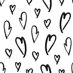 Watercolor black hearts seamless pattern isolated. Love repeated pattern. Simple background. Hand-drawn backdrop for fabric, packaging paper, clothing, wrapping paper, decor, cards