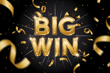 BIG WIN text shines amidst falling gold confetti and streamers