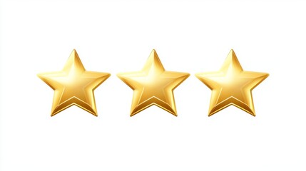 Obraz premium A trio of shining golden stars aligned neatly, set against a pristine white background, representing excellence and high achievement in a simple elegant form.