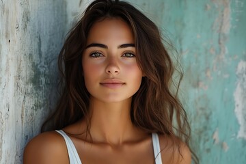 Fototapeta premium Young Woman Summer Outdoor Portrait White Top Long Hair