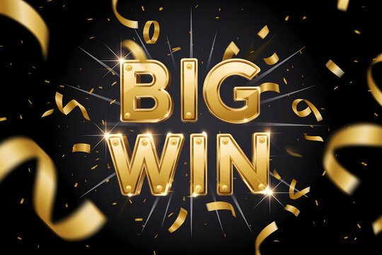 BIG WIN text shines amidst falling gold confetti and streamers