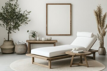 A contemporary Scandinavian living area featuring a white chaise lounge, a minimalist wooden coffee table, an upward-angled 3D poster frame, complemented by simple decor.