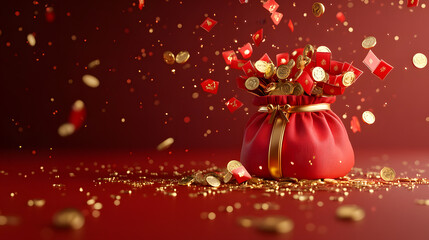 festive red bag overflowing with gold coins and envelopes