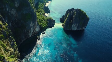 Aerial view of a serene coastal landscape with cliffs and turquoise waters.