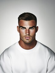 Obraz premium The image features a stylized portrait of a serious-looking man wearing a white shirt. His expression is intense, combining sharp focus and concentration.