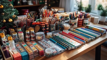 A table filled with craft supplies for holiday card making